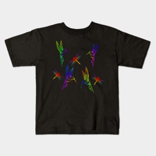 Neon Rainbow Dragonflies and Hummingbirds Kids T-Shirt